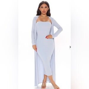 Light Blue Strapless Ribbed Maxi Dress with Cardigan